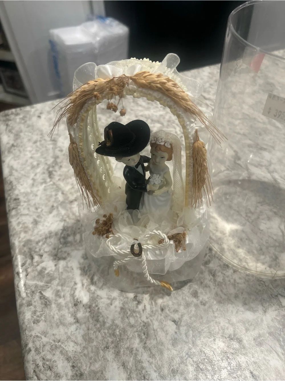 Vintage western Bride and Groom Cake Topper in White and Black
